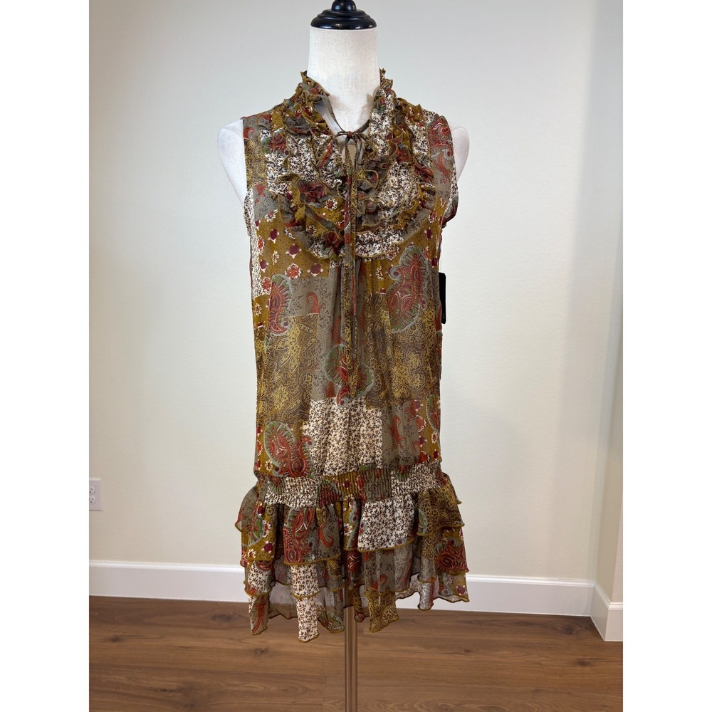 NWT Dimri tunic top Small‎ Brown Sheer Paisley Ruffle Smocked patchwork  Boho